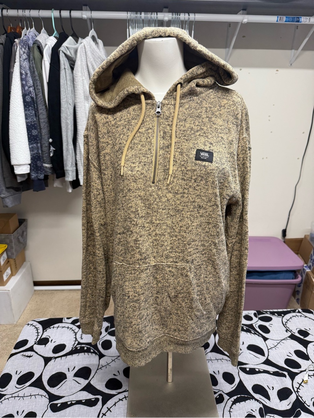 Vans Men's Heathered Tan Half-Zip Hooded Sweater